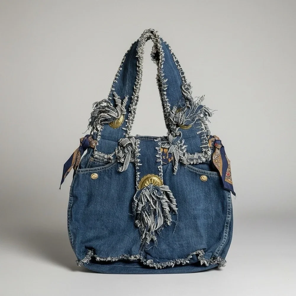 Vintage‎ Upcycled Denim Tote Bag Oscar de la Renta Logo Boho Hobo Style
